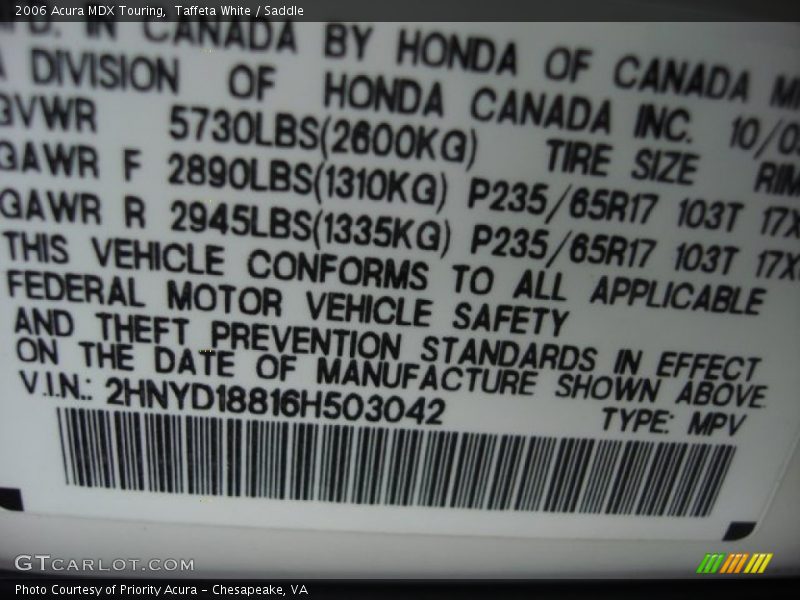 Taffeta White / Saddle 2006 Acura MDX Touring