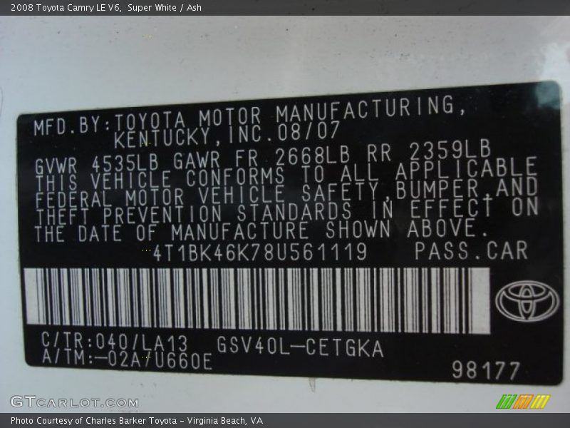 Super White / Ash 2008 Toyota Camry LE V6