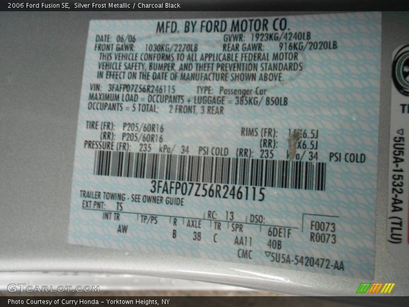 2006 Fusion SE Silver Frost Metallic Color Code TS