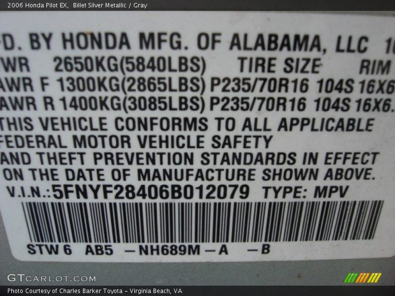 Billet Silver Metallic / Gray 2006 Honda Pilot EX