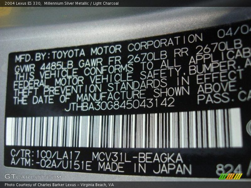 Millennium Silver Metallic / Light Charcoal 2004 Lexus ES 330