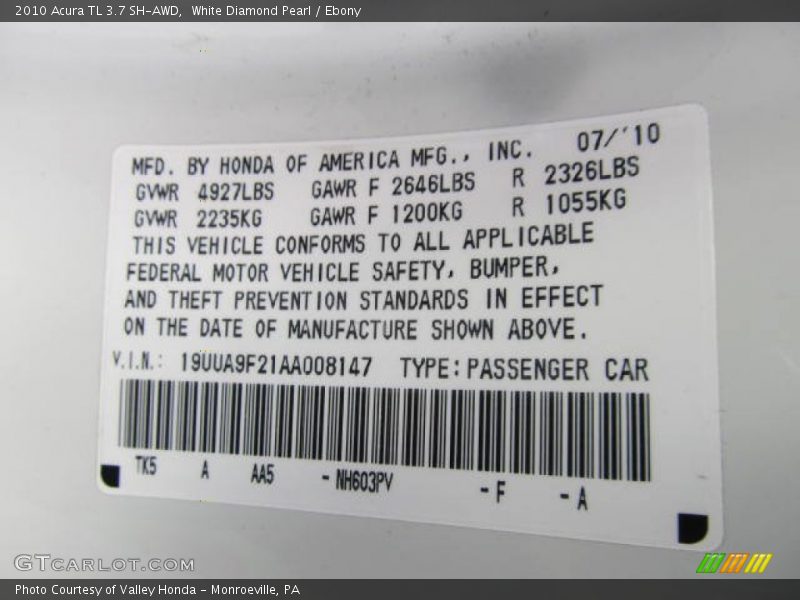 White Diamond Pearl / Ebony 2010 Acura TL 3.7 SH-AWD