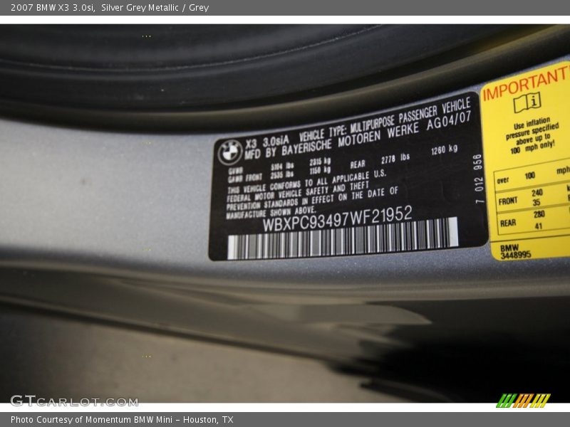 Silver Grey Metallic / Grey 2007 BMW X3 3.0si