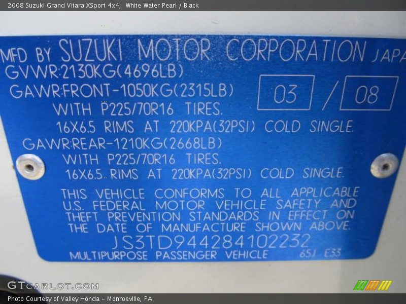 White Water Pearl / Black 2008 Suzuki Grand Vitara XSport 4x4