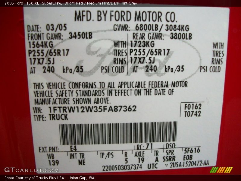 Bright Red / Medium Flint/Dark Flint Grey 2005 Ford F150 XLT SuperCrew