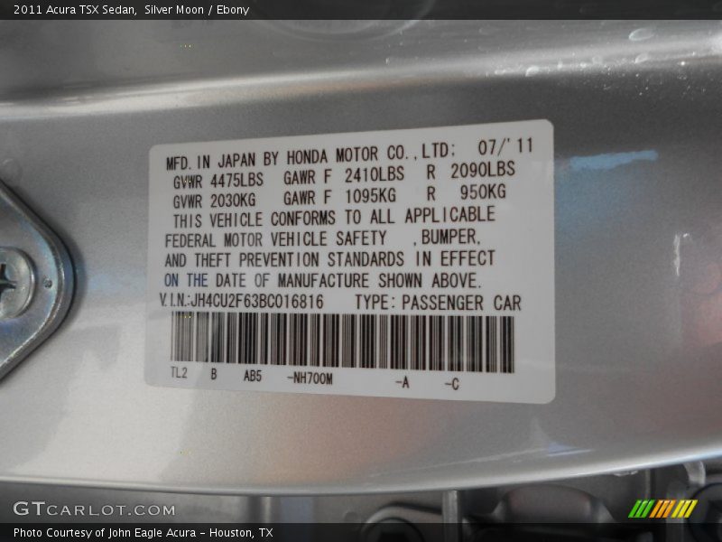 2011 TSX Sedan Silver Moon Color Code NH700M