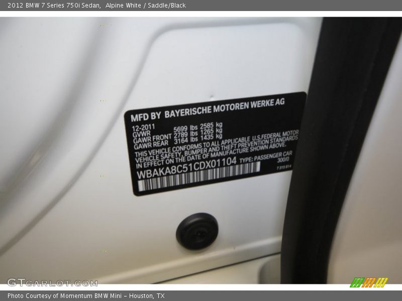 Alpine White / Saddle/Black 2012 BMW 7 Series 750i Sedan