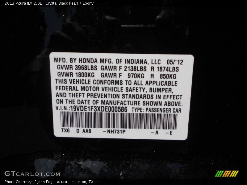 2013 ILX 2.0L Crystal Black Pearl Color Code NH731P