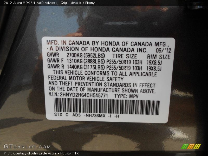 Grigio Metallic / Ebony 2012 Acura MDX SH-AWD Advance