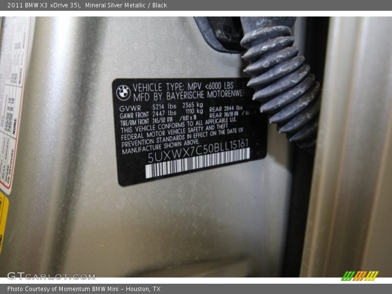 Mineral Silver Metallic / Black 2011 BMW X3 xDrive 35i