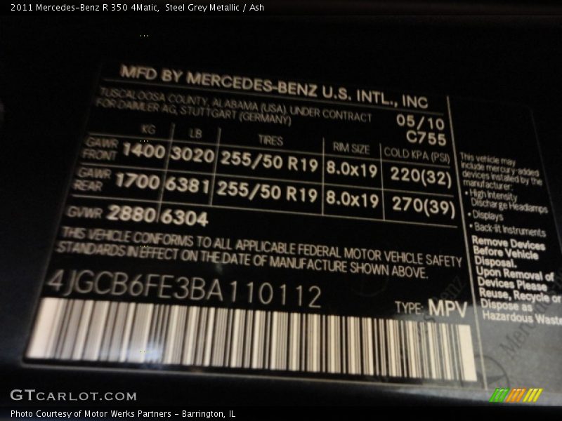 Steel Grey Metallic / Ash 2011 Mercedes-Benz R 350 4Matic