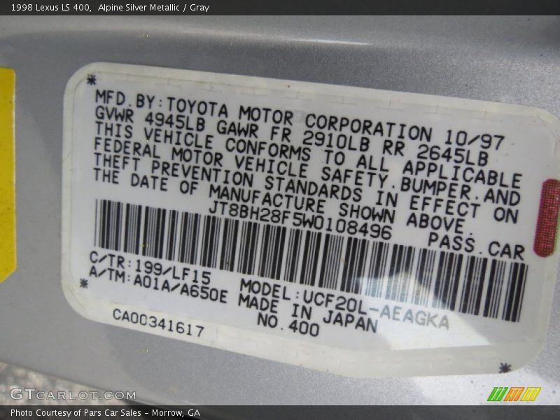 Alpine Silver Metallic / Gray 1998 Lexus LS 400