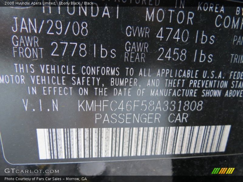 Ebony Black / Black 2008 Hyundai Azera Limited