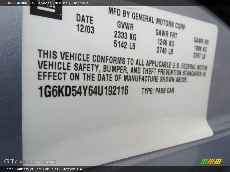 Info Tag of 2004 DeVille Sedan