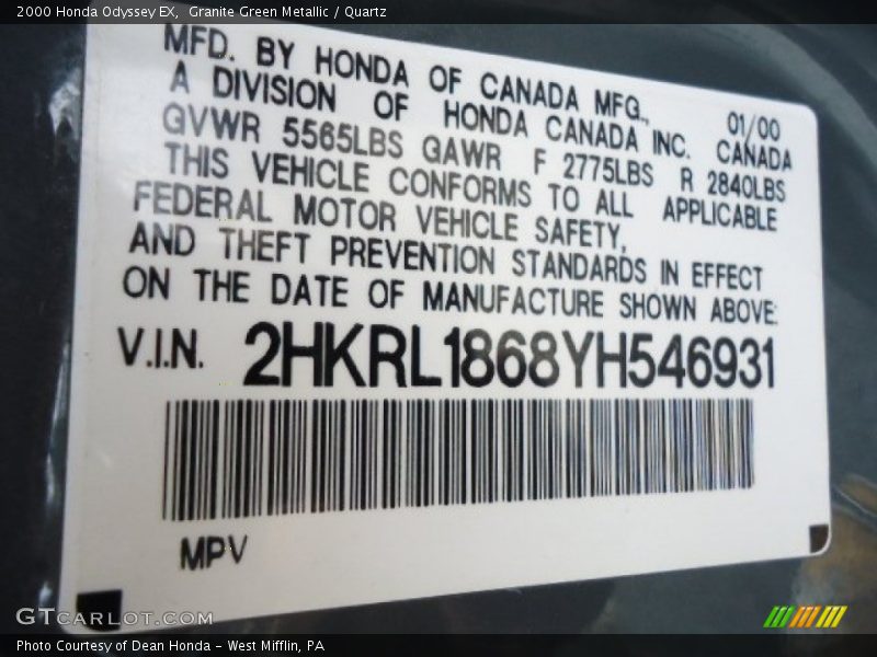 Granite Green Metallic / Quartz 2000 Honda Odyssey EX