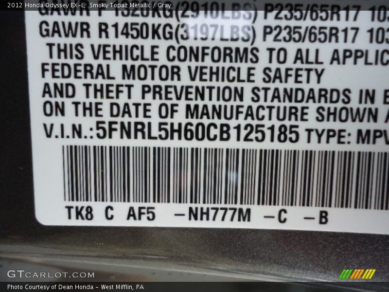 Smoky Topaz Metallic / Gray 2012 Honda Odyssey EX-L