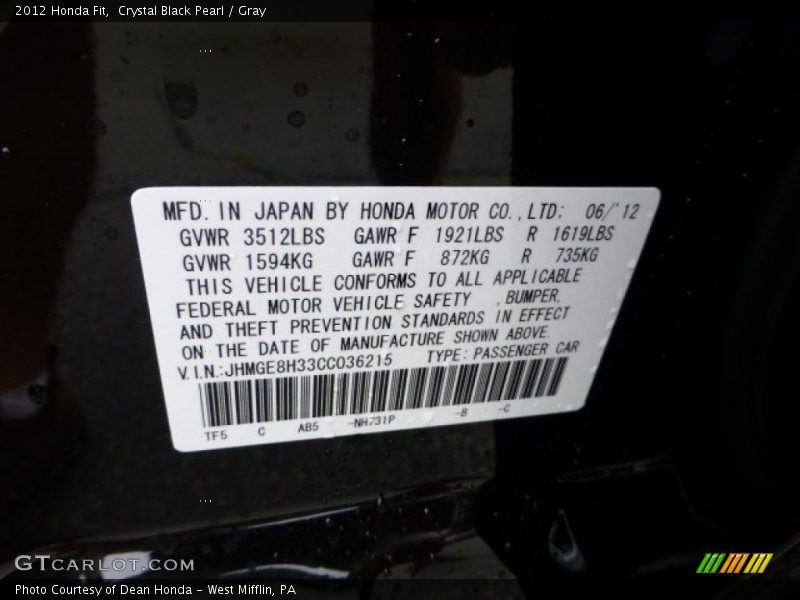 Crystal Black Pearl / Gray 2012 Honda Fit