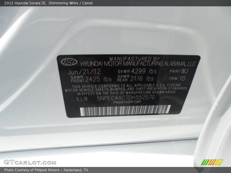 Shimmering White / Camel 2013 Hyundai Sonata SE