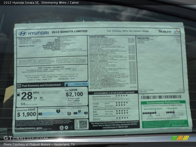 Shimmering White / Camel 2013 Hyundai Sonata SE