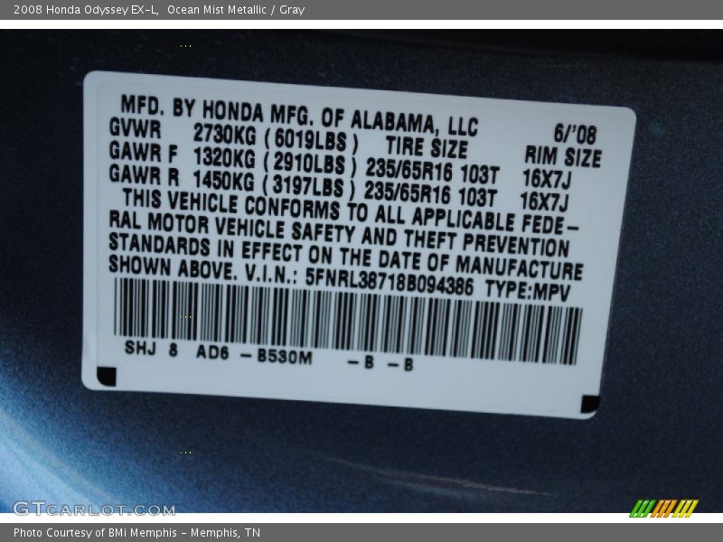Ocean Mist Metallic / Gray 2008 Honda Odyssey EX-L