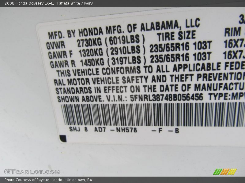 Taffeta White / Ivory 2008 Honda Odyssey EX-L
