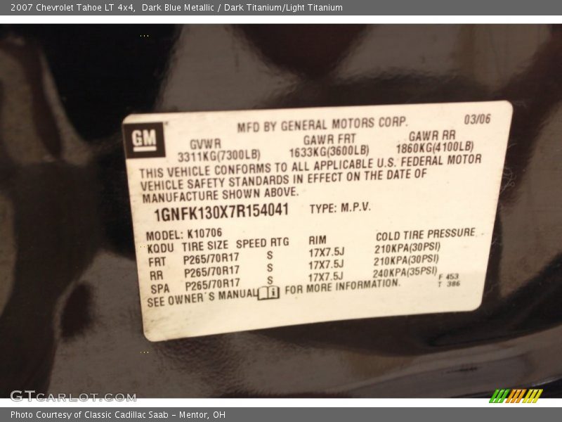 Dark Blue Metallic / Dark Titanium/Light Titanium 2007 Chevrolet Tahoe LT 4x4