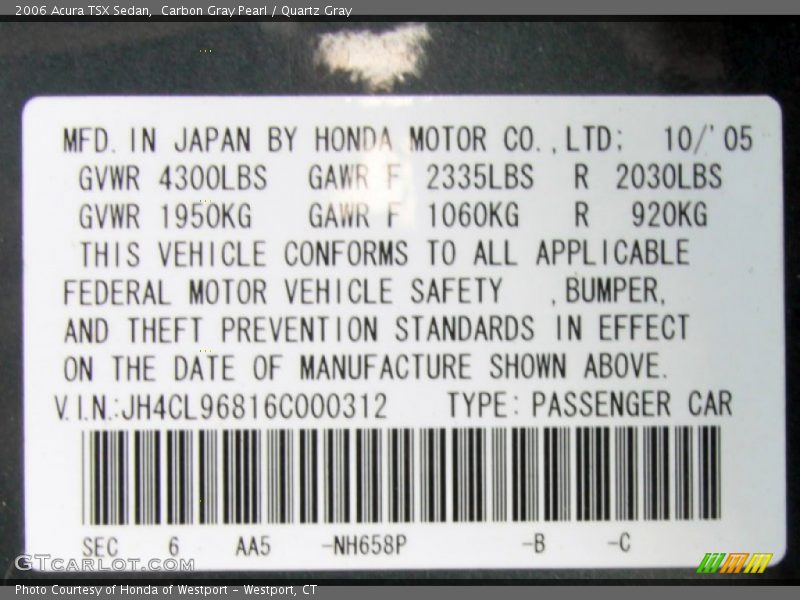 Carbon Gray Pearl / Quartz Gray 2006 Acura TSX Sedan