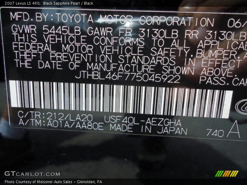 Black Sapphire Pearl / Black 2007 Lexus LS 460