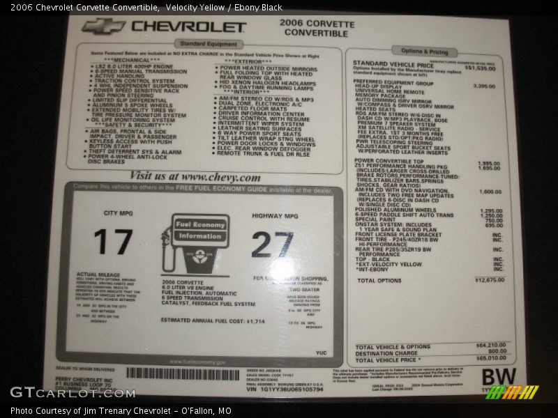  2006 Corvette Convertible Window Sticker