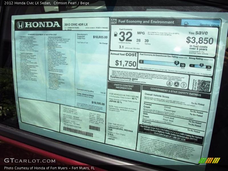 Crimson Pearl / Beige 2012 Honda Civic LX Sedan