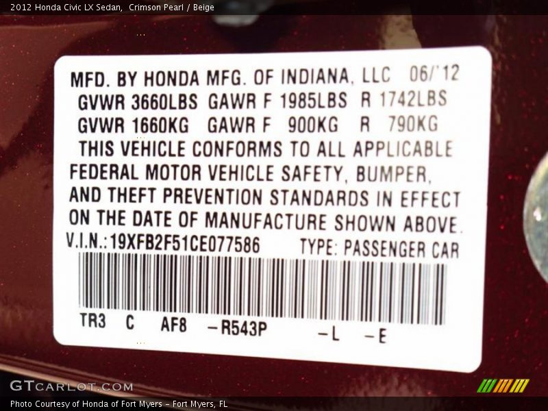 Crimson Pearl / Beige 2012 Honda Civic LX Sedan