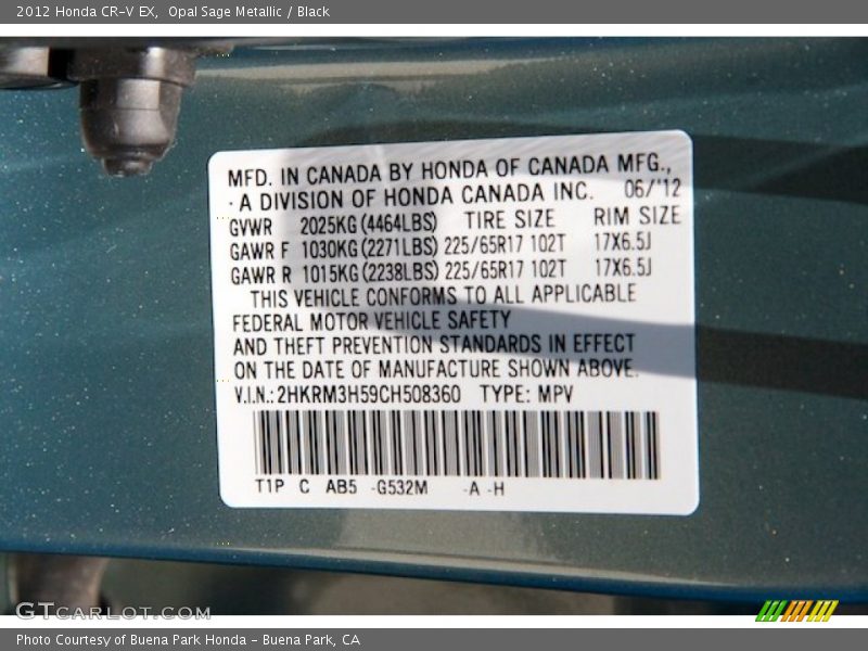 Opal Sage Metallic / Black 2012 Honda CR-V EX