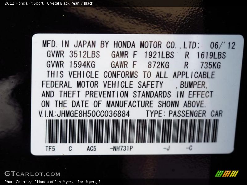 Crystal Black Pearl / Black 2012 Honda Fit Sport