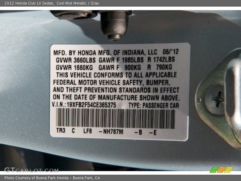 Cool Mist Metallic / Gray 2012 Honda Civic LX Sedan