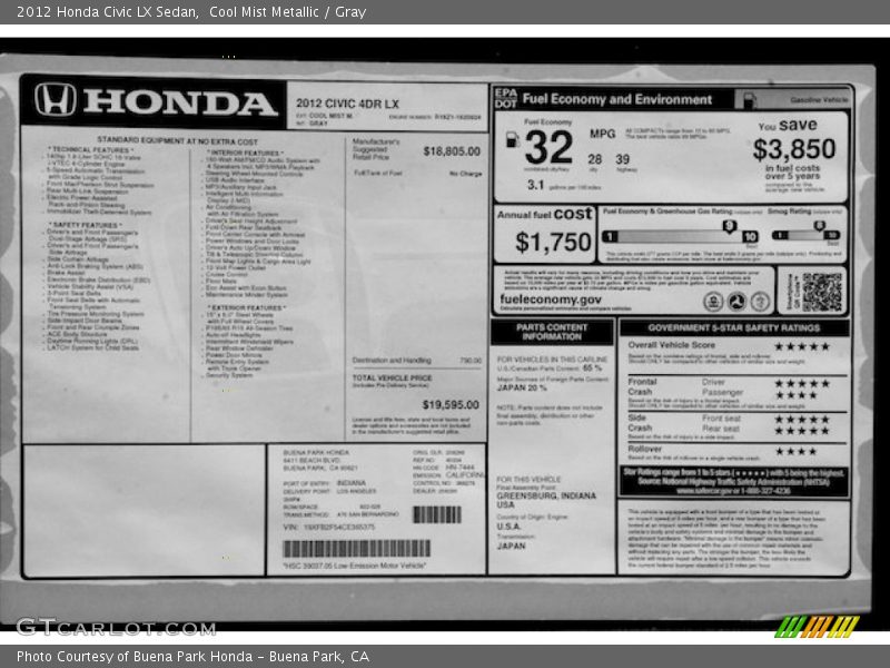 Cool Mist Metallic / Gray 2012 Honda Civic LX Sedan