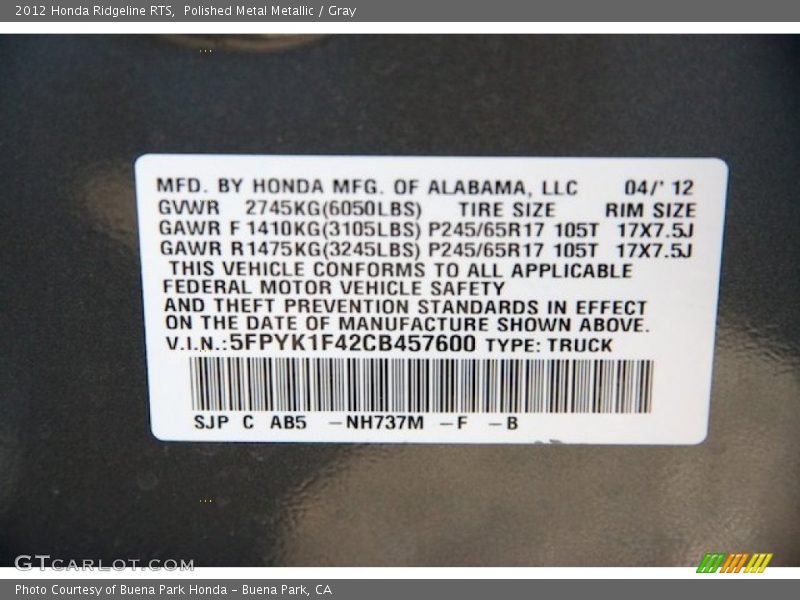 NH737M - 2012 Honda Ridgeline RTS