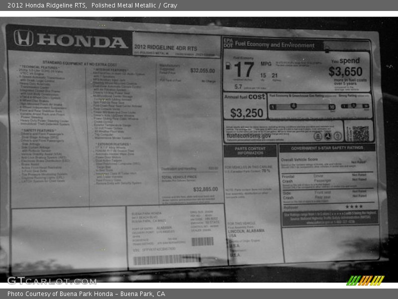  2012 Ridgeline RTS Window Sticker