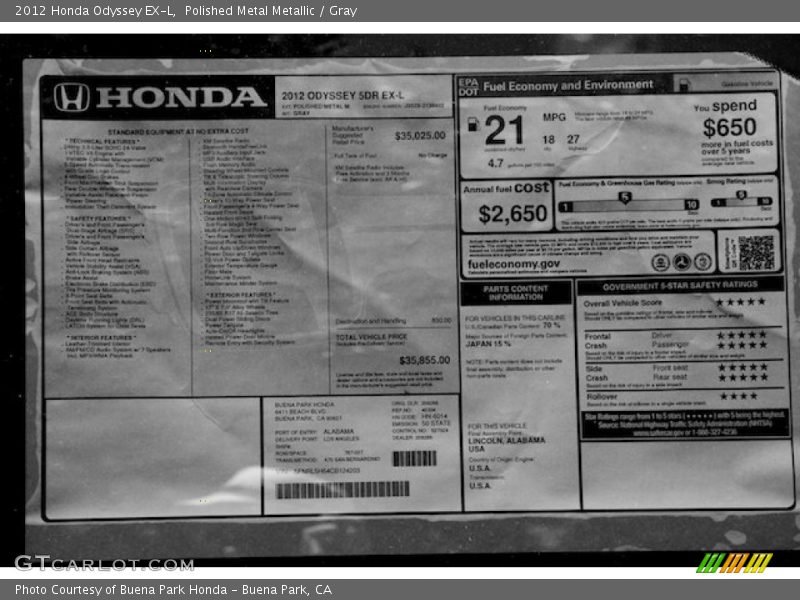 Polished Metal Metallic / Gray 2012 Honda Odyssey EX-L