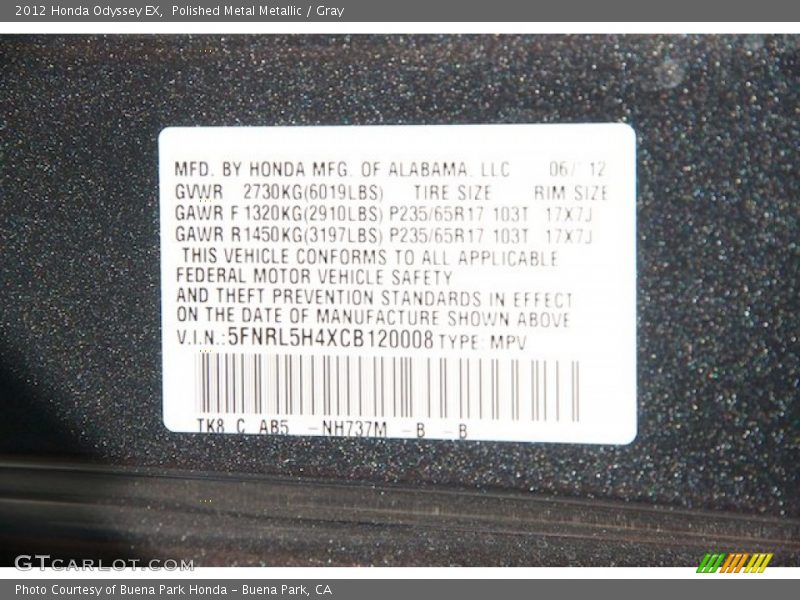 Polished Metal Metallic / Gray 2012 Honda Odyssey EX