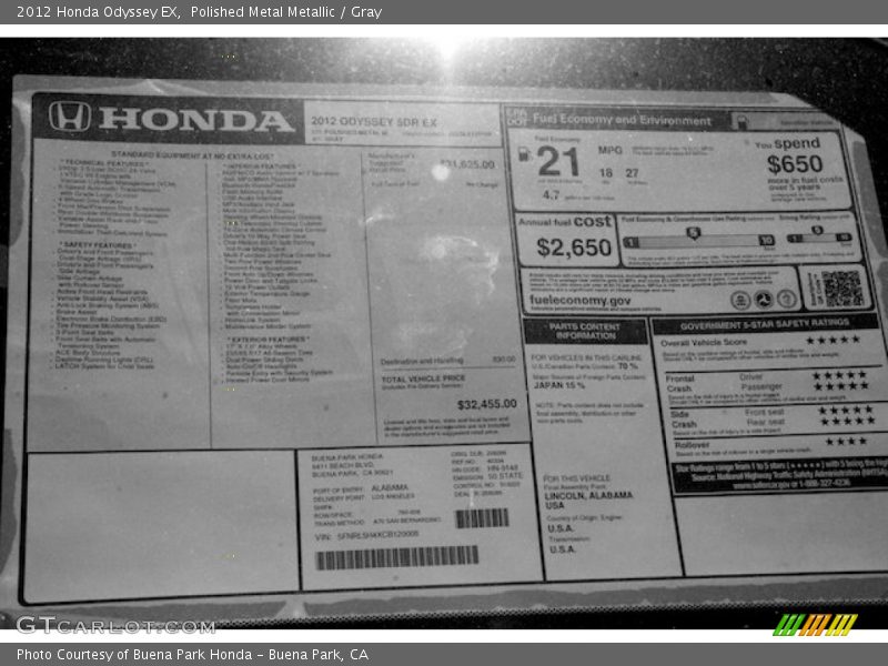 Polished Metal Metallic / Gray 2012 Honda Odyssey EX