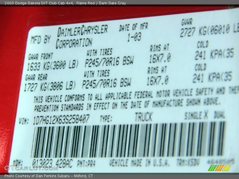 2003 Dakota SXT Club Cab 4x4 Flame Red Color Code PR4