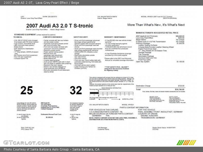 Lava Grey Pearl Effect / Beige 2007 Audi A3 2.0T