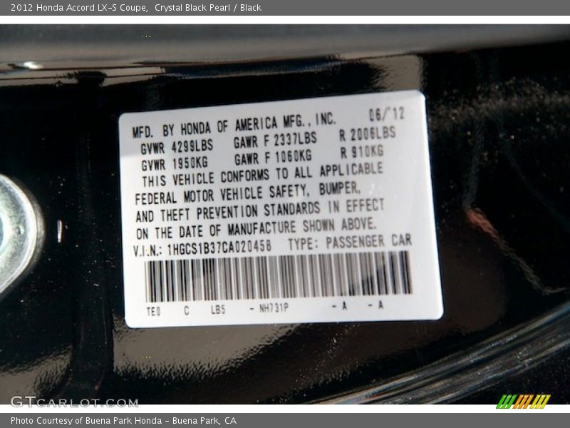 Crystal Black Pearl / Black 2012 Honda Accord LX-S Coupe