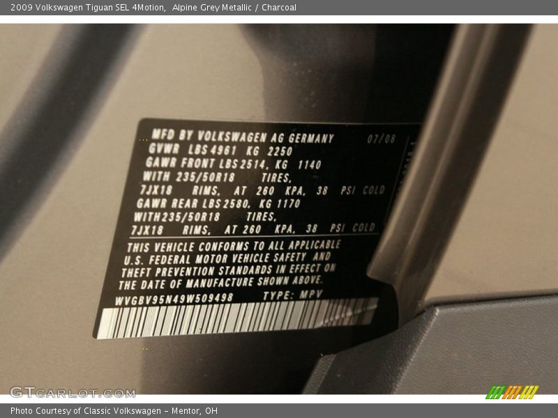 Alpine Grey Metallic / Charcoal 2009 Volkswagen Tiguan SEL 4Motion