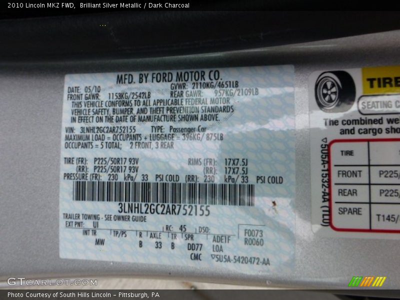 Brilliant Silver Metallic / Dark Charcoal 2010 Lincoln MKZ FWD