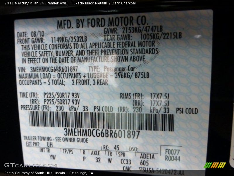 Tuxedo Black Metallic / Dark Charcoal 2011 Mercury Milan V6 Premier AWD