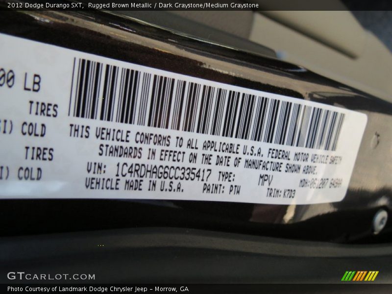2012 Durango SXT Rugged Brown Metallic Color Code PTW