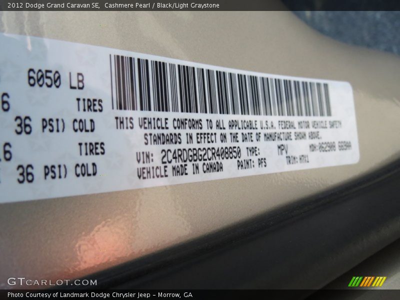 Cashmere Pearl / Black/Light Graystone 2012 Dodge Grand Caravan SE
