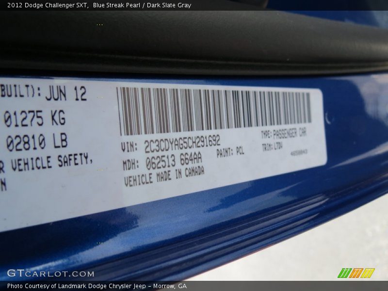 Blue Streak Pearl / Dark Slate Gray 2012 Dodge Challenger SXT