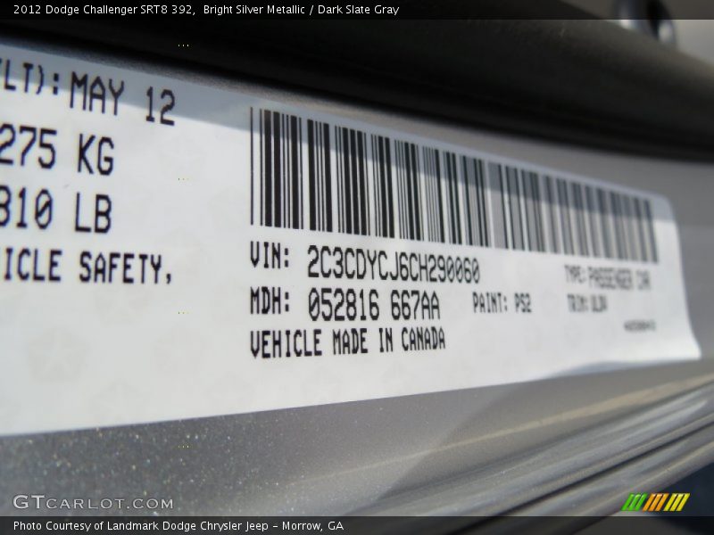 Bright Silver Metallic / Dark Slate Gray 2012 Dodge Challenger SRT8 392